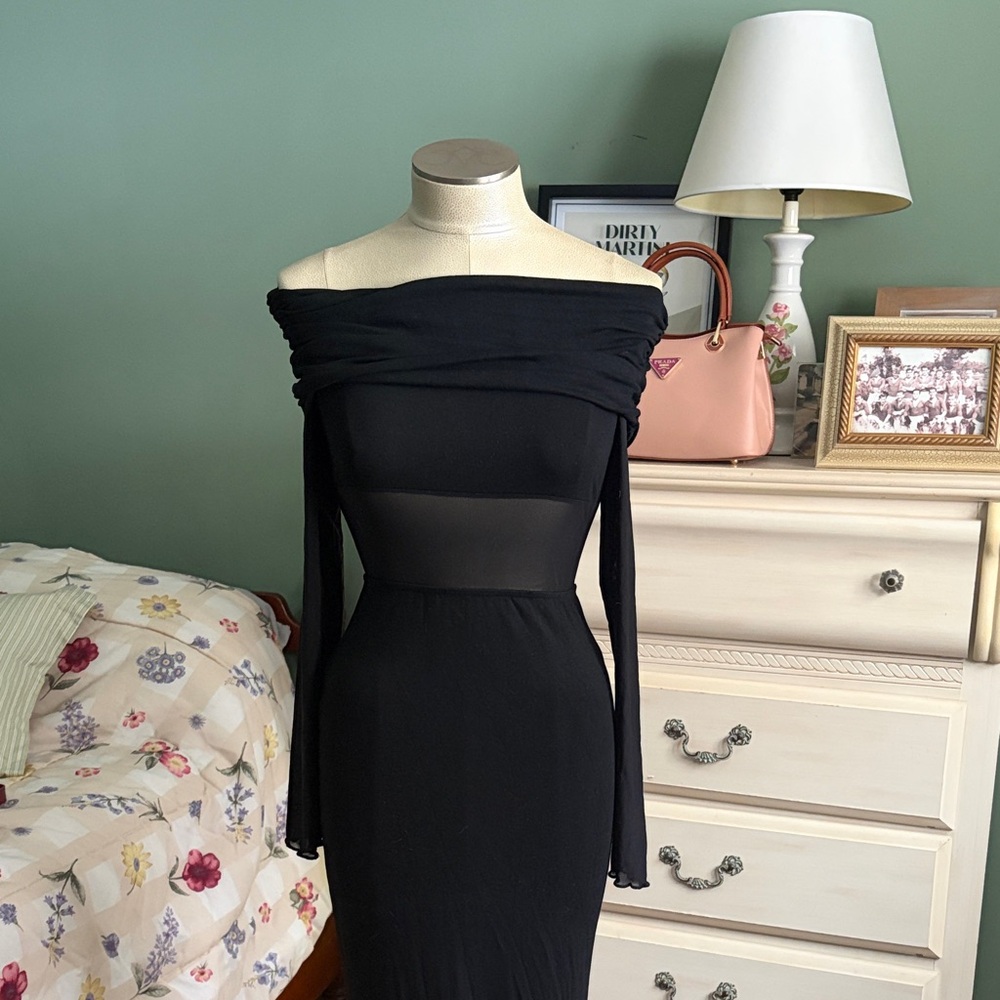 Source Unknown Black Sheer Panel Long Sleeve Dress